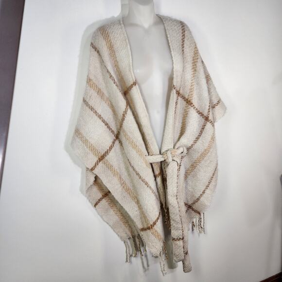 Liz Claiborne Belted Poncho Wrap Womens One Size OS Fringe Plaid Neutral Ivory - Picture 5 of 12